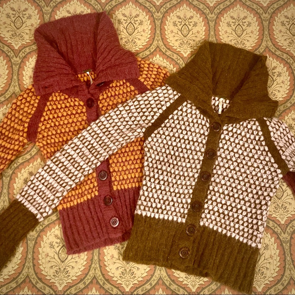 Free People cropped pink brown buttoned XS acrylic Alpaca blend sweaters two